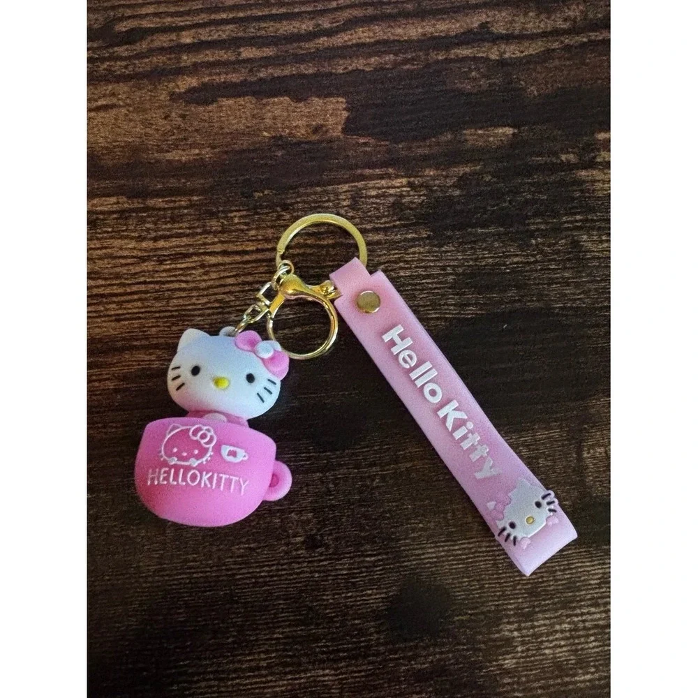 Hello Kitty Pink Teacup Keychain Silicone Wristlet Strap Sanrio Kawaii Accessory